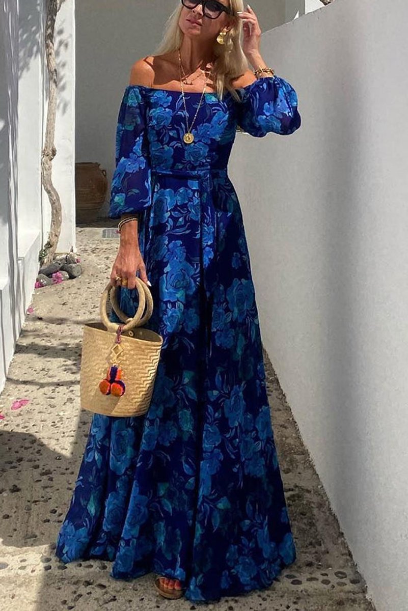 Women's Floral Off-Shoulder Maxi Cocktail Dress Long Sleeve A-Line