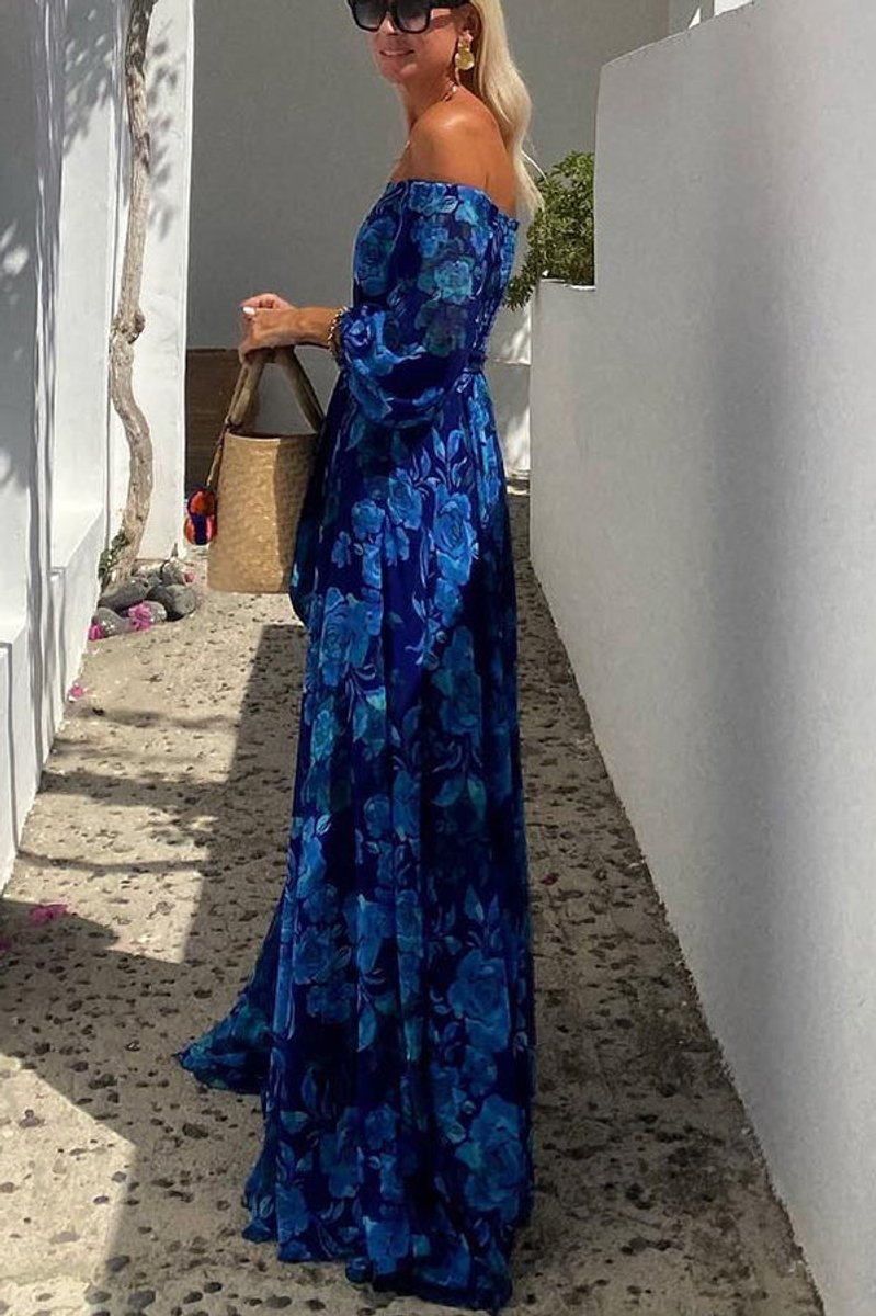 Women's Floral Off-Shoulder Maxi Cocktail Dress Long Sleeve A-Line