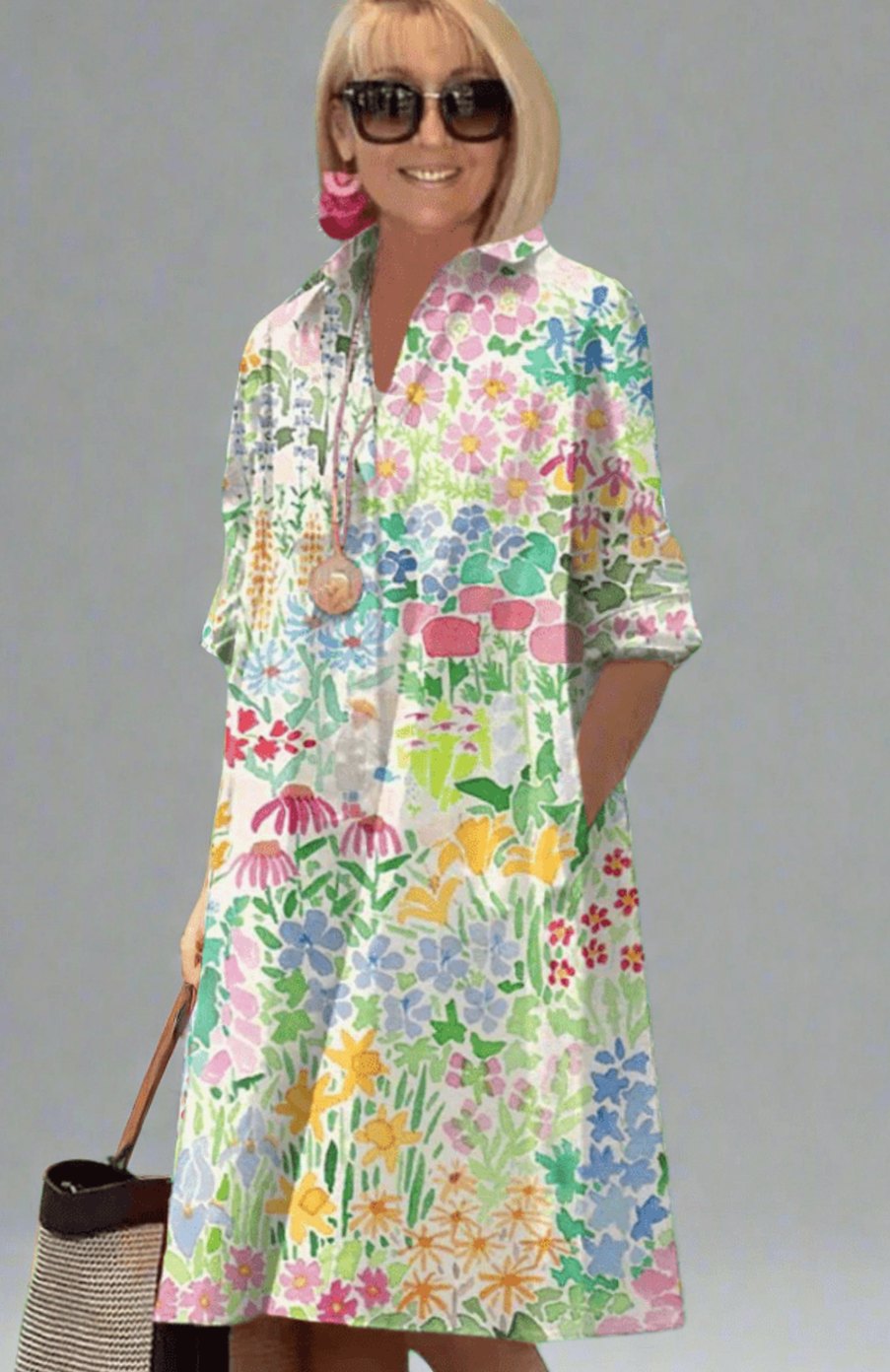 Women's Floral Print Collared Oversized Dress Knee Length - Multicolored Floral