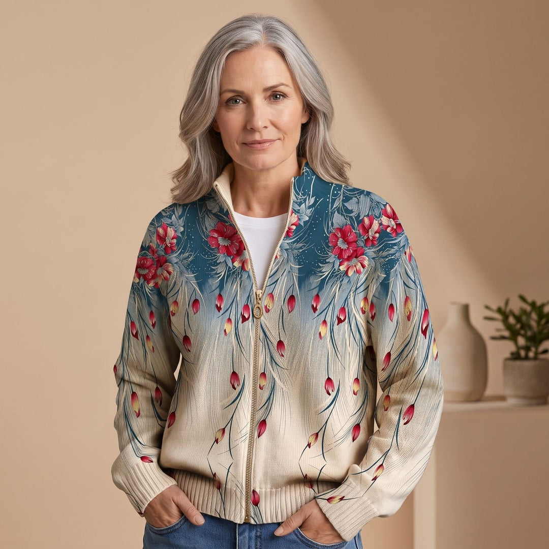 Women's Floral Print Full-Zip Bomber Knit Cardigan