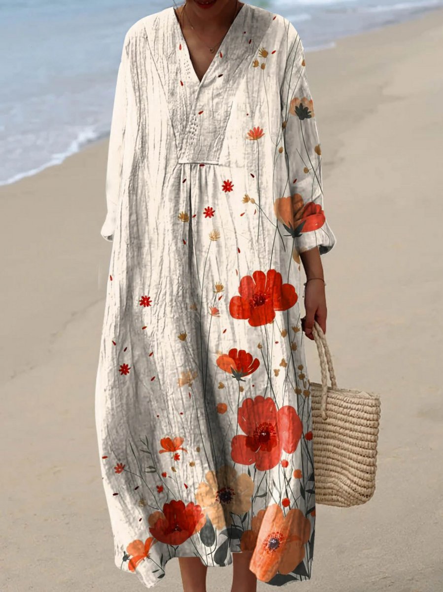 Women's Floral Print Long Sleeve Elegant Dress Midi - Multicolor