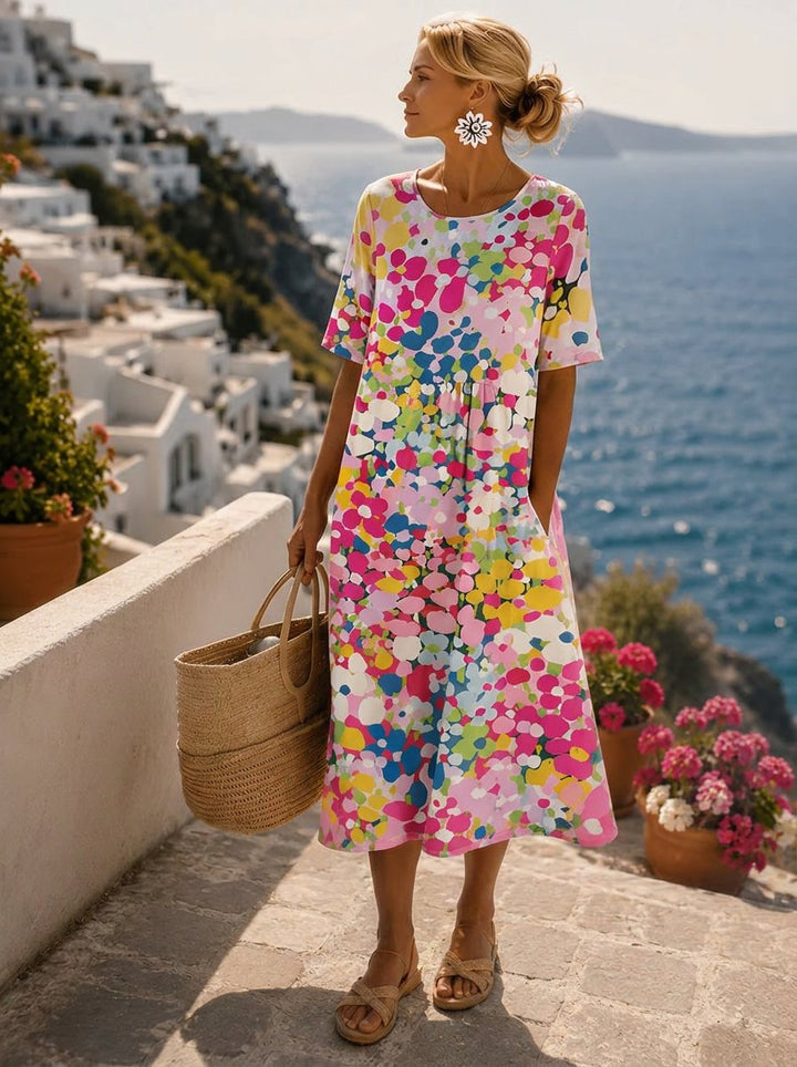 Women's Floral Print Short Sleeve Loose Midi Dress - Pink