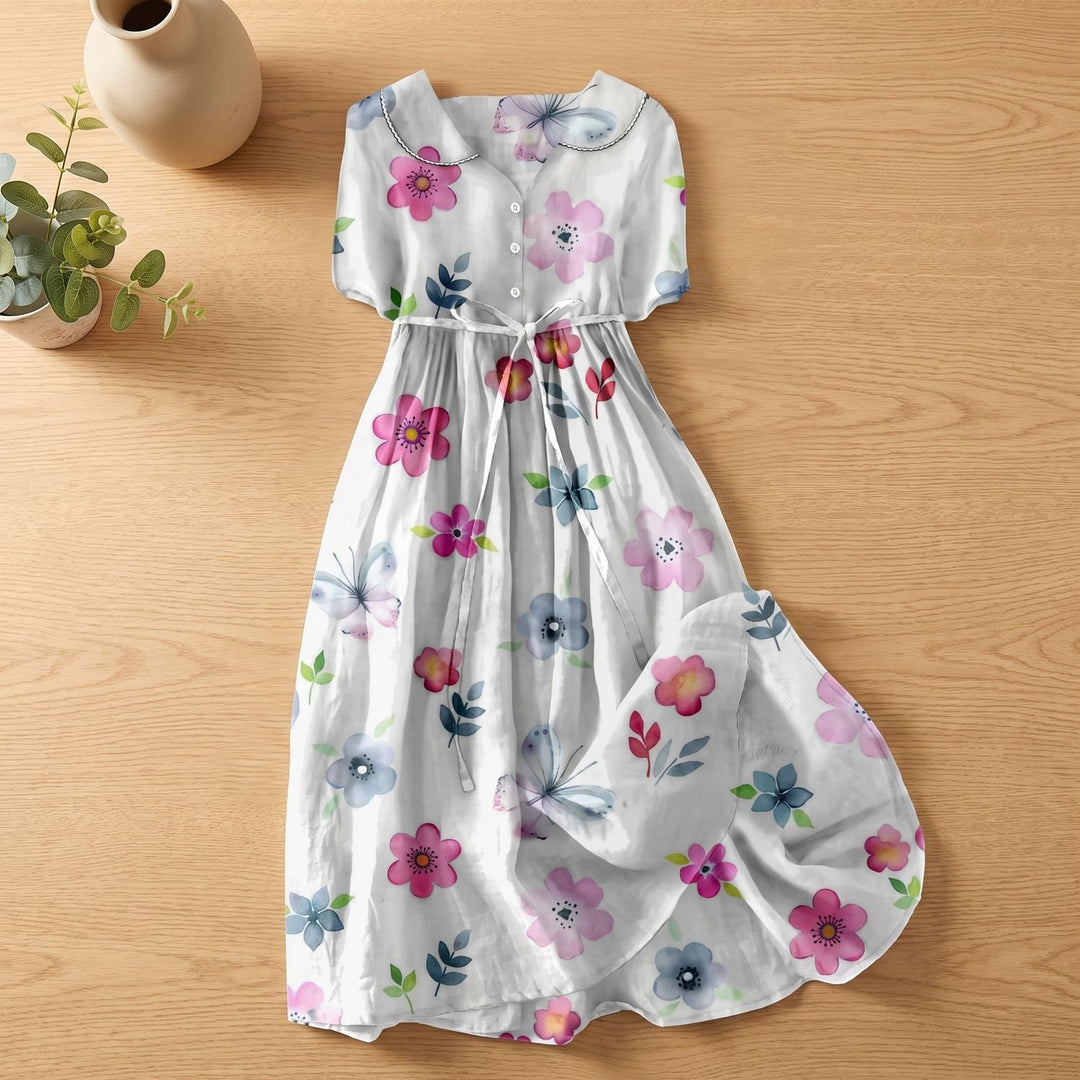 Women's Floral Print Tie-Waist Short Sleeve Midi Dress - Multicolored