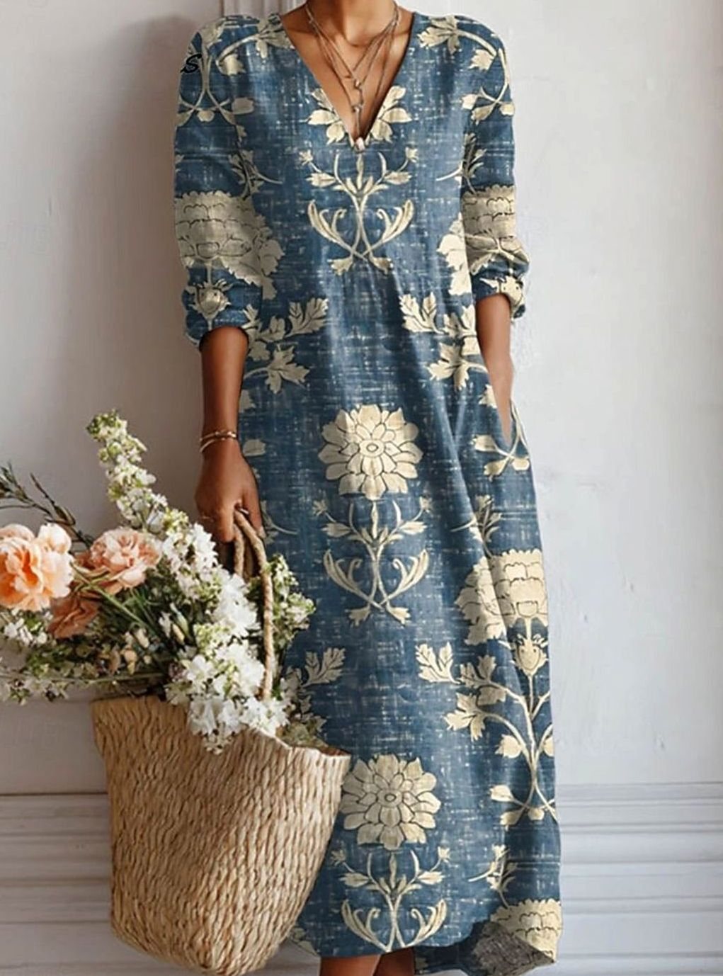 Women's Floral Print V-Neck Long Sleeve Dress Relaxed Maxi - Blue