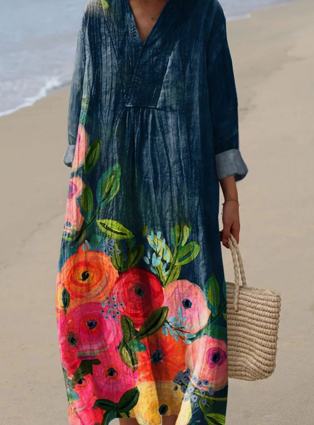 Women's Floral Print V-Neck Long Sleeve Oversized Dress - Multicolor