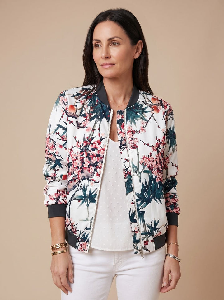 Women's Floral Print Zip-Up Bomber Jacket - White