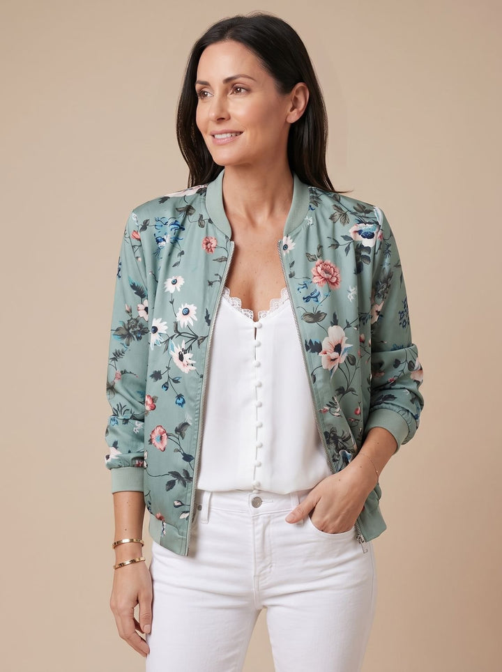 Women's Floral Print Zip-Up Bomber Jacket - Green