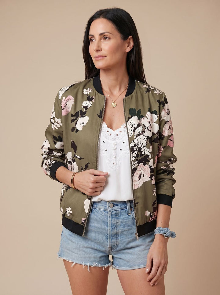 Women's Floral Print Zip-Up Bomber Jacket - Army Green