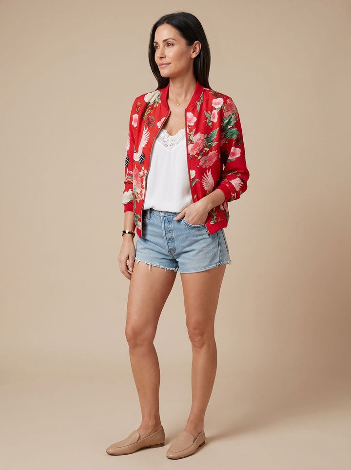 Women's Floral Print Zip-Up Bomber Jacket - Red