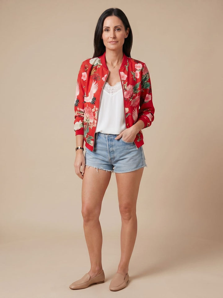 Women's Floral Print Zip-Up Bomber Jacket - Off-White