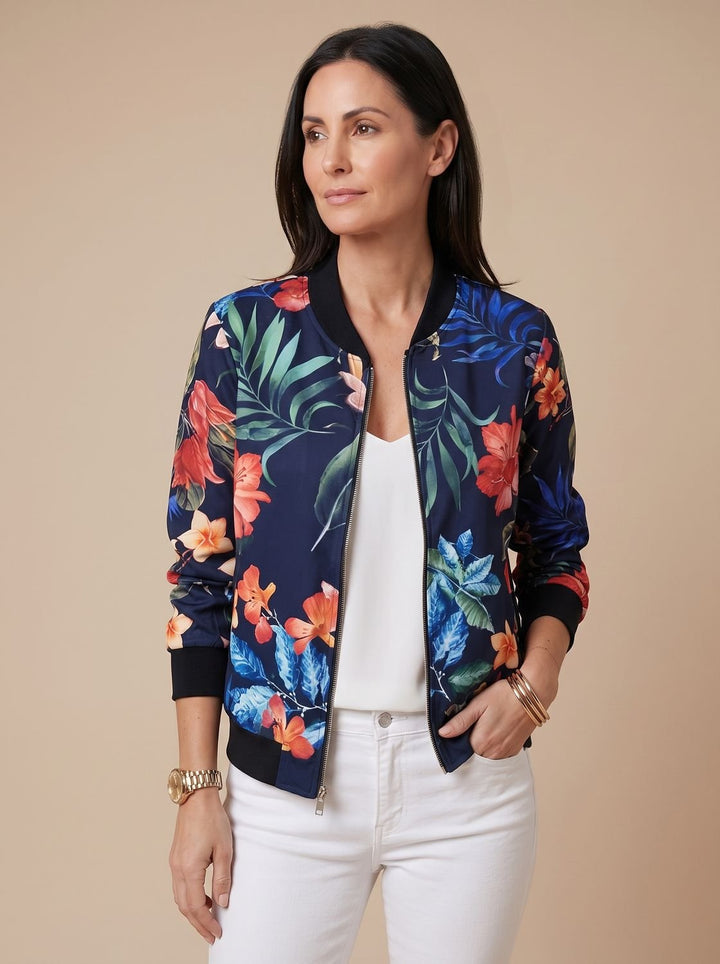 Women's Floral Print Zip-Up Bomber Jacket - Blue