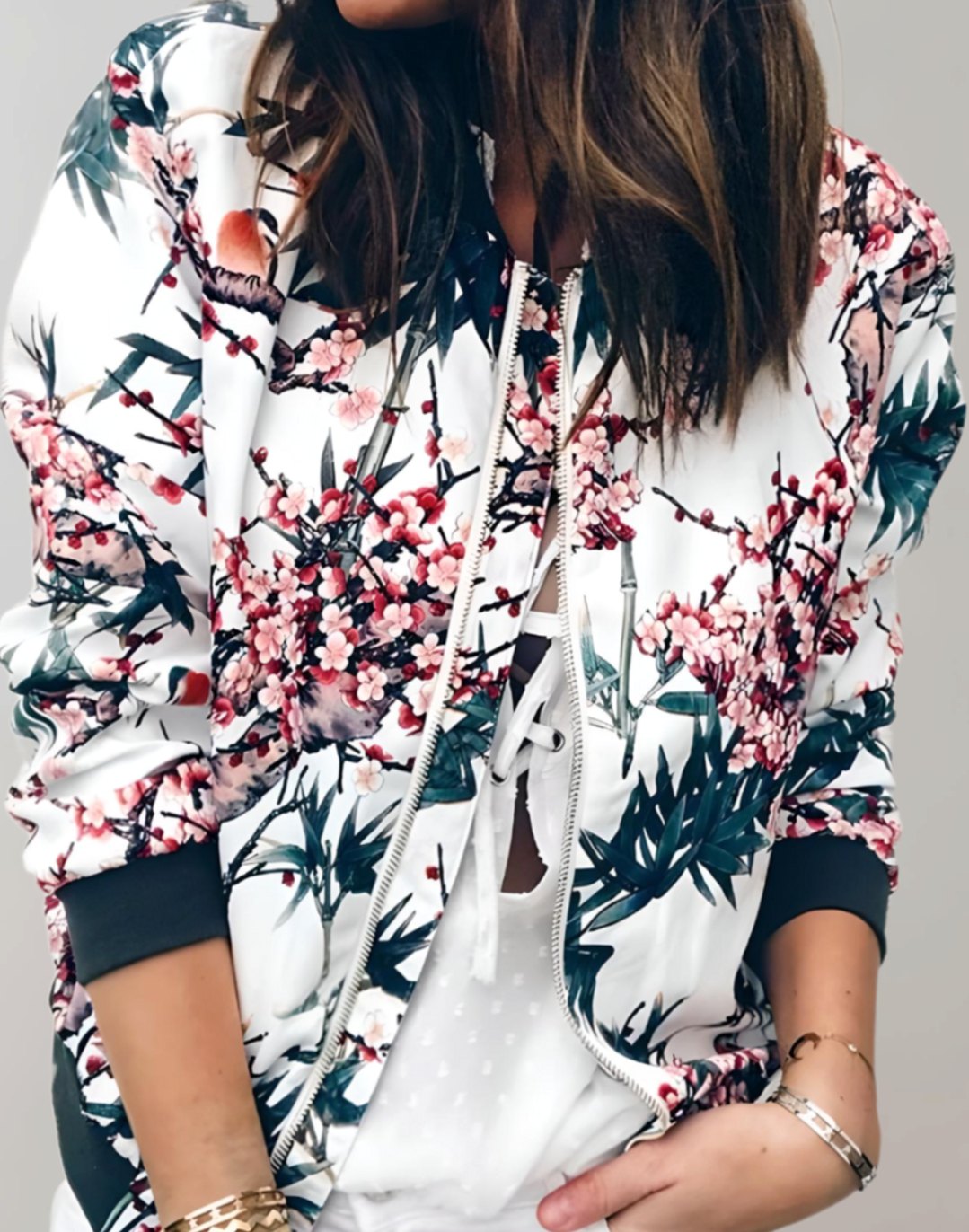 Women's Floral Print Zip-Up Bomber Jacket, White - White