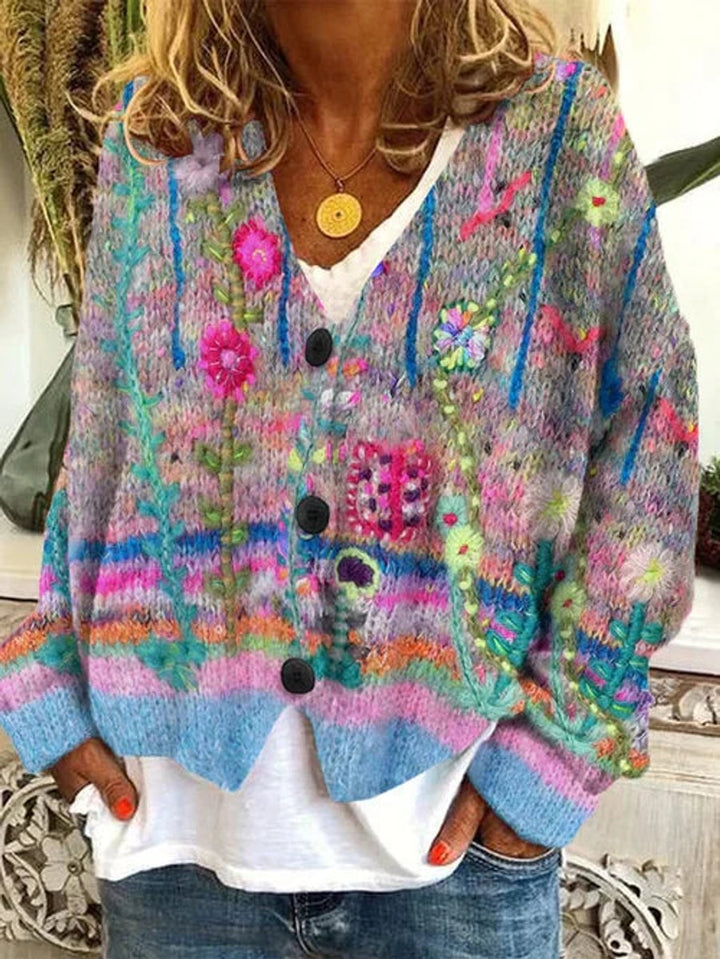 Women's Floral Printed Button-Front Open-Knit Cardigan - Gray