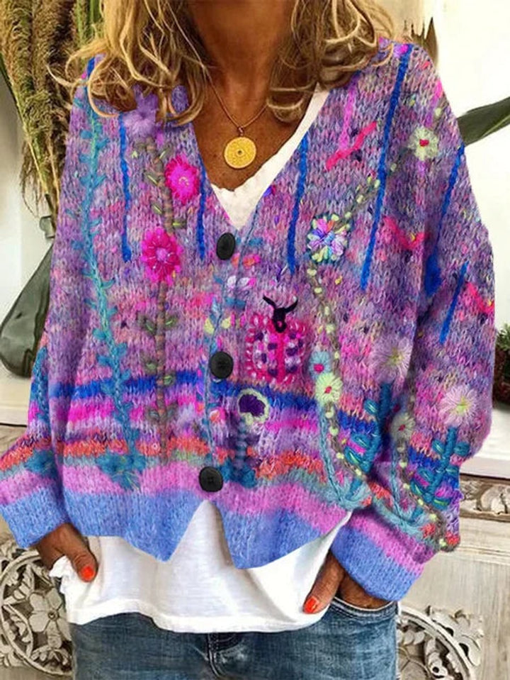 Women's Floral Printed Button-Front Open-Knit Cardigan