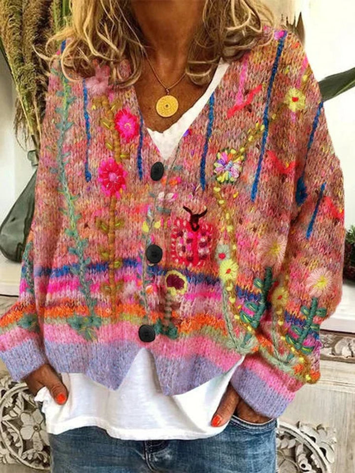 Women's Floral Printed Button-Front Open-Knit Cardigan - Orange