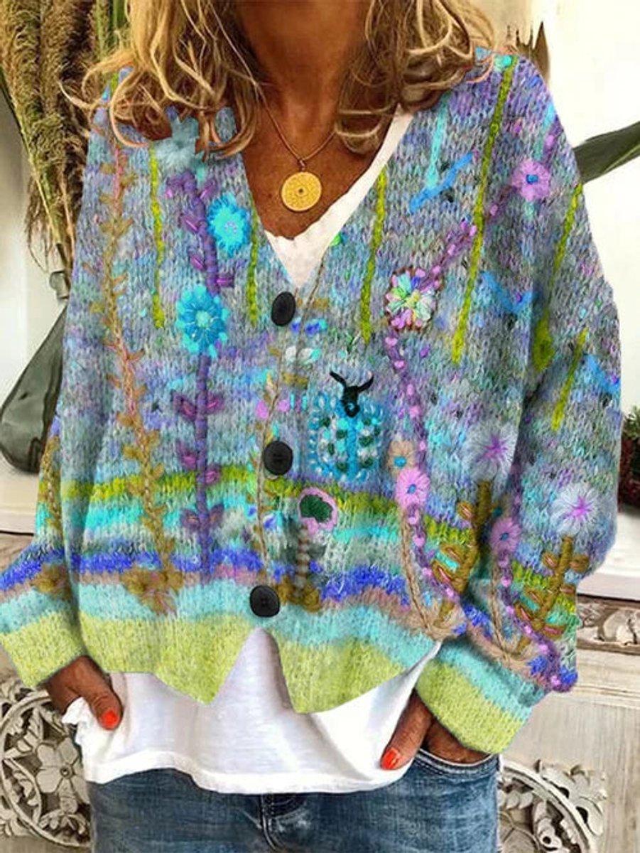Women's Floral Printed Button-Front Open-Knit Cardigan - Blue