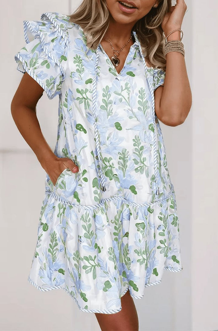 Women's Floral Ruffle-Sleeve Tie-Neck Mini Dress - Blue