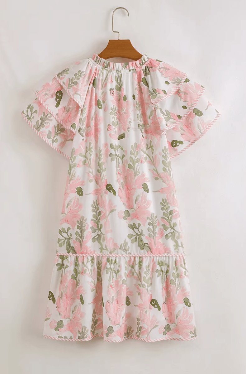 Women's Floral Ruffle-Sleeve Tie-Neck Mini Dress