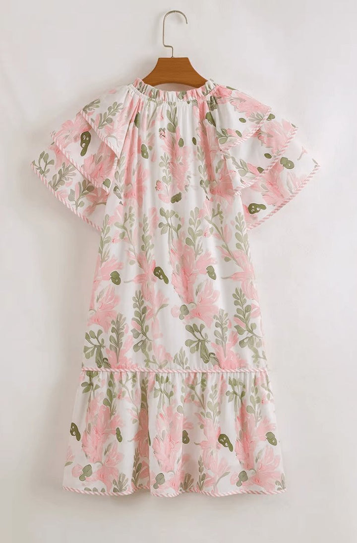 Women's Floral Ruffle-Sleeve Tie-Neck Mini Dress