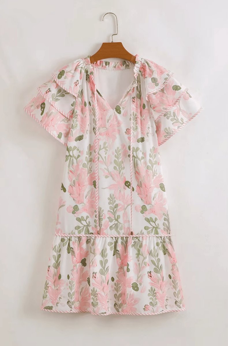 Women's Floral Ruffle-Sleeve Tie-Neck Mini Dress