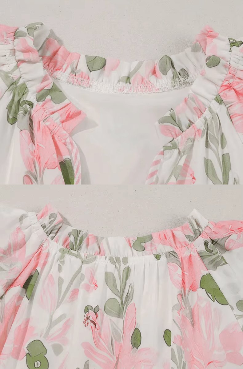 Women's Floral Ruffle-Sleeve Tie-Neck Mini Dress
