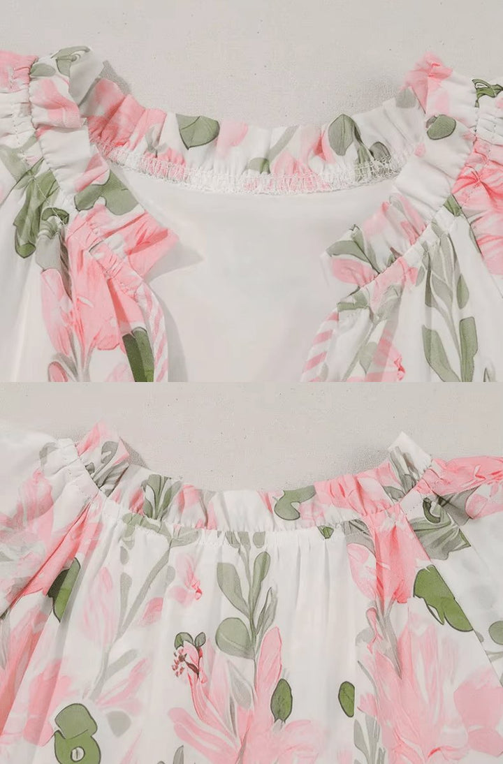Women's Floral Ruffle-Sleeve Tie-Neck Mini Dress