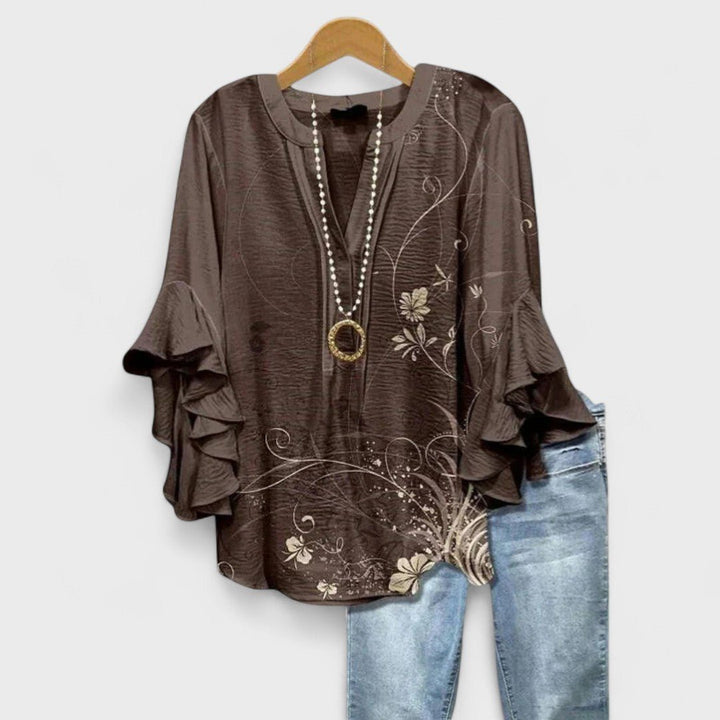 Women's Floral Ruffle-Sleeve V-Neck Lightweight Blouse - Brown