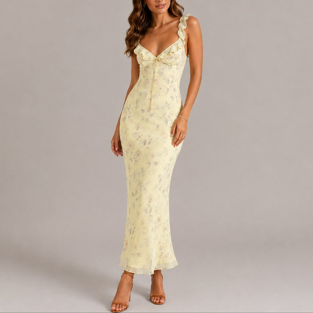 Women's Floral Ruffle-Strap Fitted Maxi Fall Wedding Guest Dress - Yellow