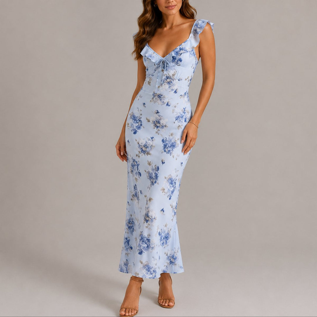 Women's Floral Ruffle-Strap Fitted Maxi Fall Wedding Guest Dress - Blue