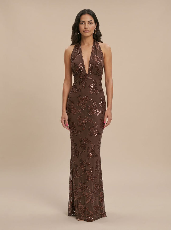 Women's Floral Sequin Halter-Neck Fitted Maxi Dress - Brown