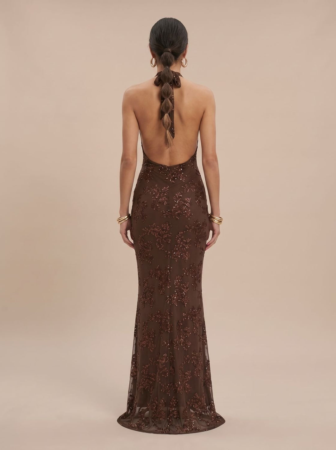 Women's Floral Sequin Halter-Neck Fitted Maxi Dress