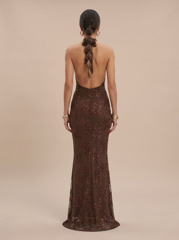 Women's Floral Sequin Halter-Neck Fitted Maxi Dress