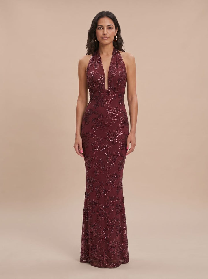 Women's Floral Sequin Halter-Neck Fitted Maxi Dress - Red