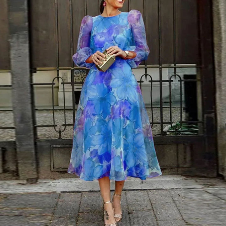 Women's Floral Sheer Long-Sleeve Midi Wedding Guest Dress - Blue