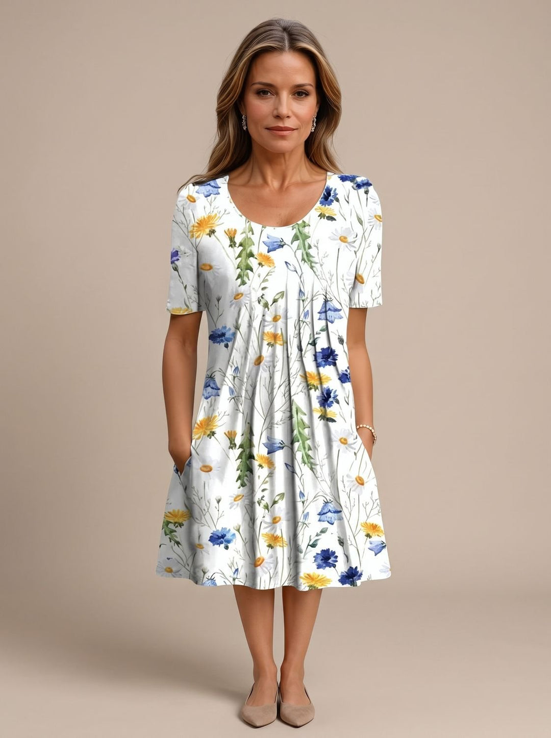 Women's Floral Short-Sleeve Pleated Midi Dress with Pockets - Yellow Flowers