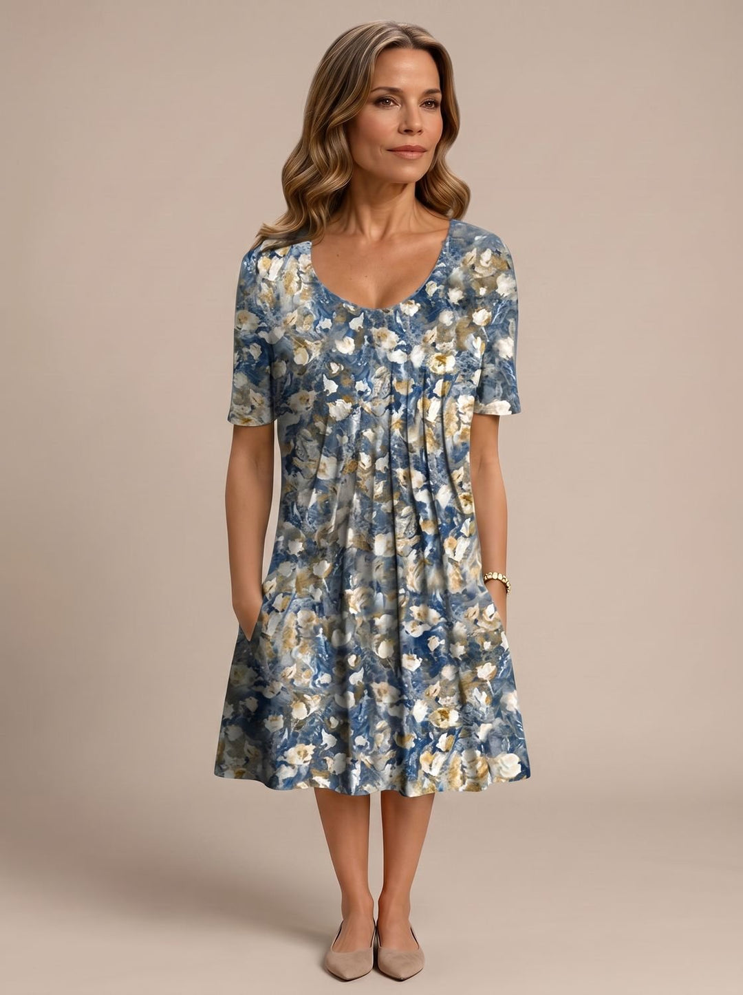 Women's Floral Short-Sleeve Pleated Midi Dress with Pockets - Light Blue Flowers