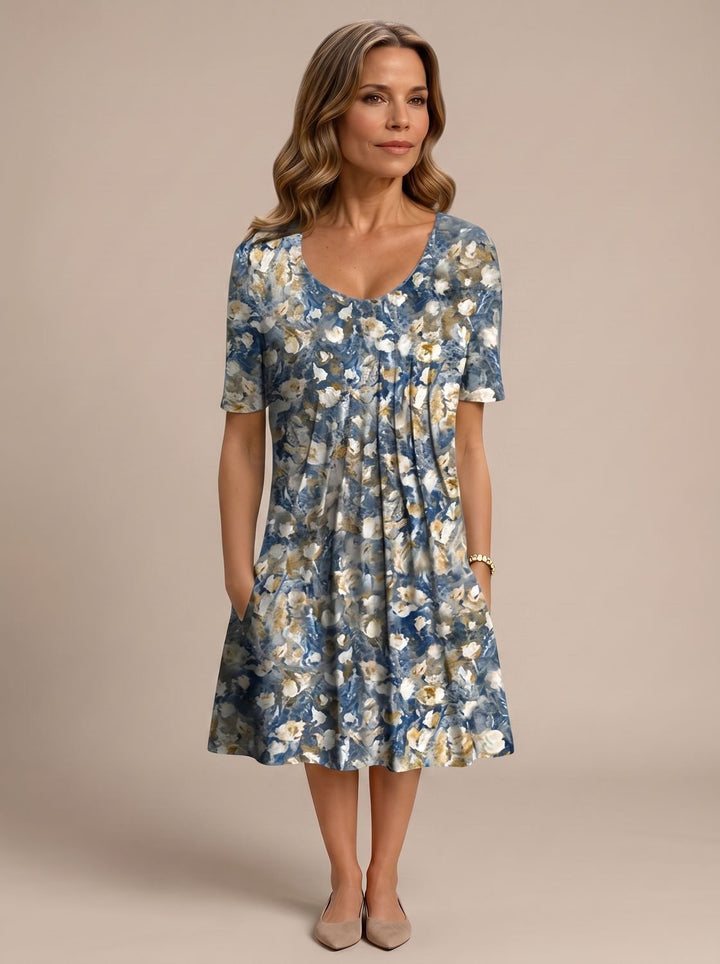 Women's Floral Short-Sleeve Pleated Midi Dress with Pockets - Light Blue Flowers