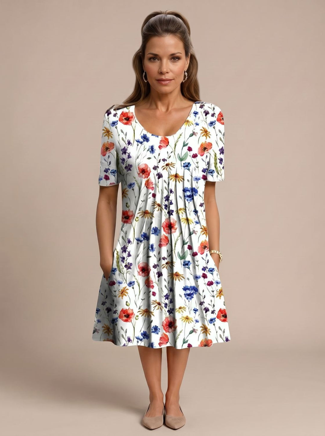 Women's Floral Short-Sleeve Pleated Midi Dress with Pockets - Red Flowers