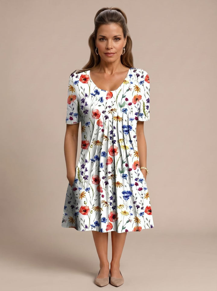 Women's Floral Short-Sleeve Pleated Midi Dress with Pockets - Red Flowers