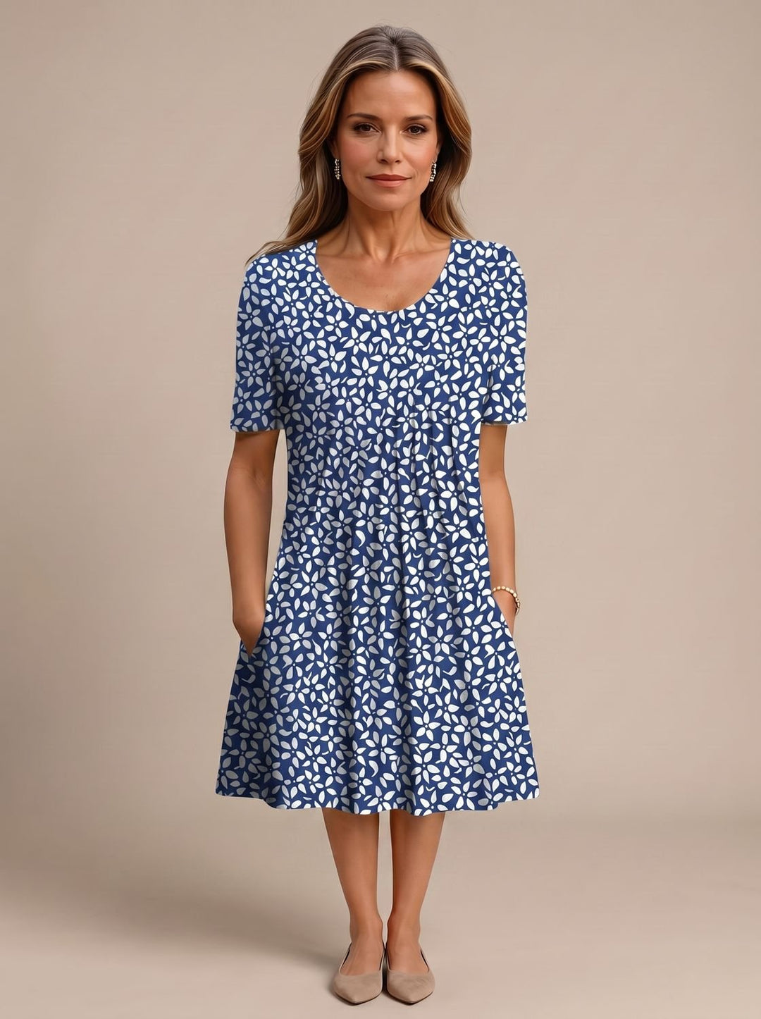 Women's Floral Short-Sleeve Pleated Midi Dress with Pockets - Blue Flowers