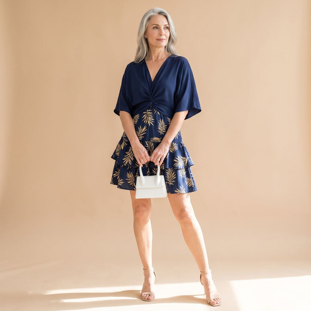 Women's Floral Tiered Ruffle Batwing-Sleeve V-Neck Mini Dress - Blue