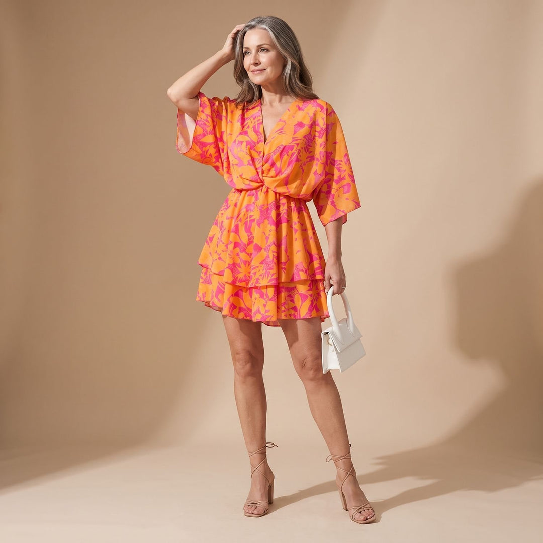 Women's Floral Tiered Ruffle Batwing-Sleeve V-Neck Mini Dress