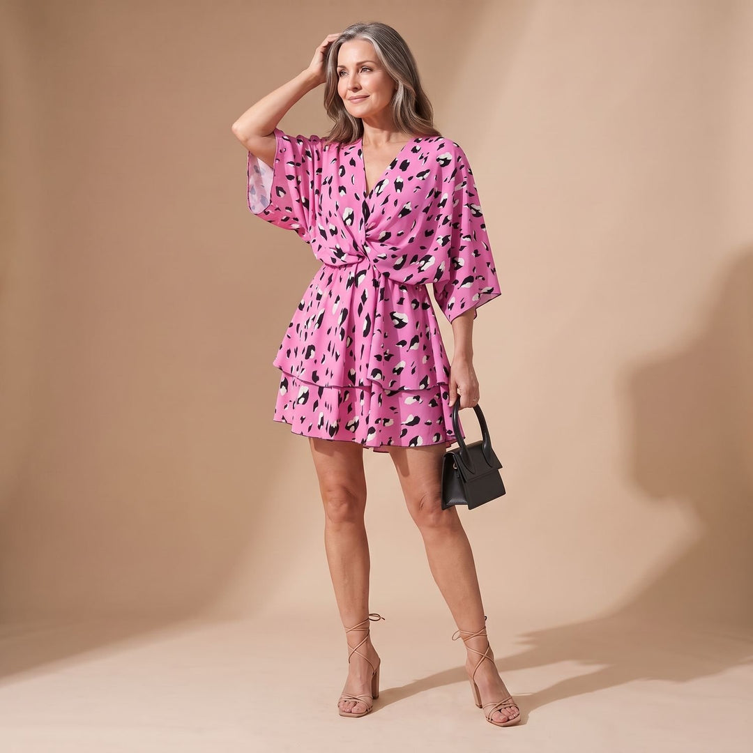 Women's Floral Tiered Ruffle Batwing-Sleeve V-Neck Mini Dress