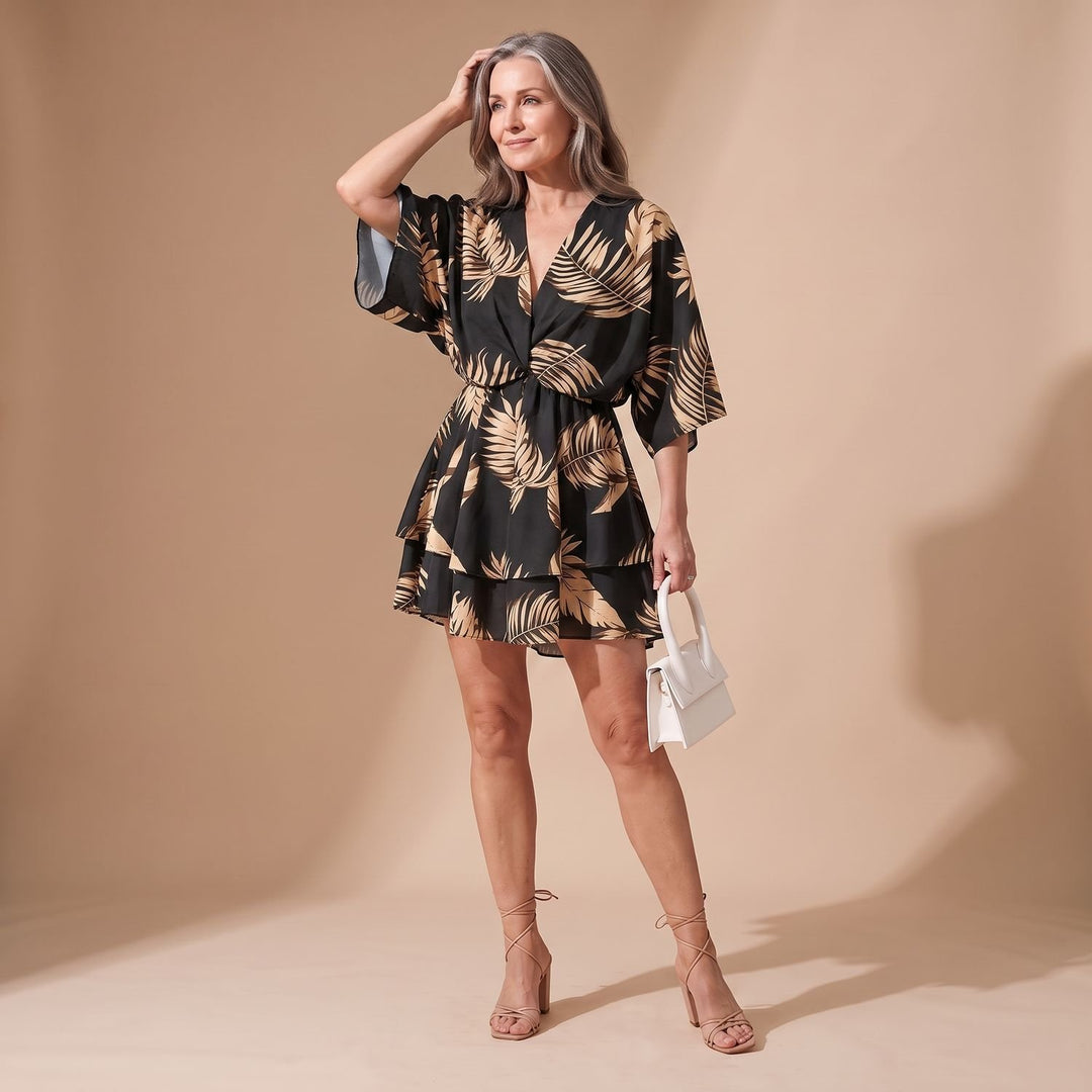 Women's Floral Tiered Ruffle Batwing-Sleeve V-Neck Mini Dress - Gray