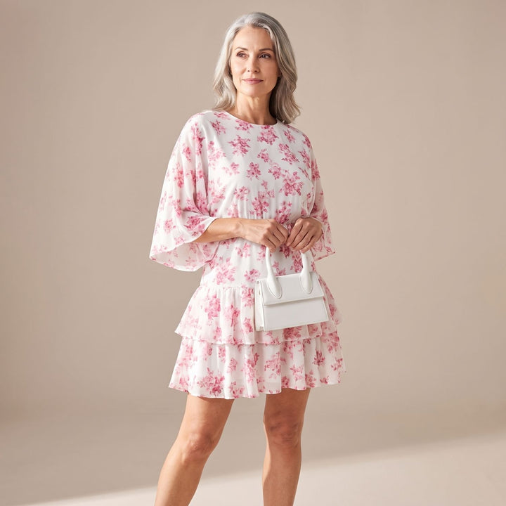Women's Floral Tiered Ruffle Batwing-Sleeve V-Neck Mini Dress - White