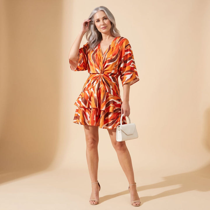 Women's Floral Tiered Ruffle Batwing-Sleeve V-Neck Mini Dress - Orange Print