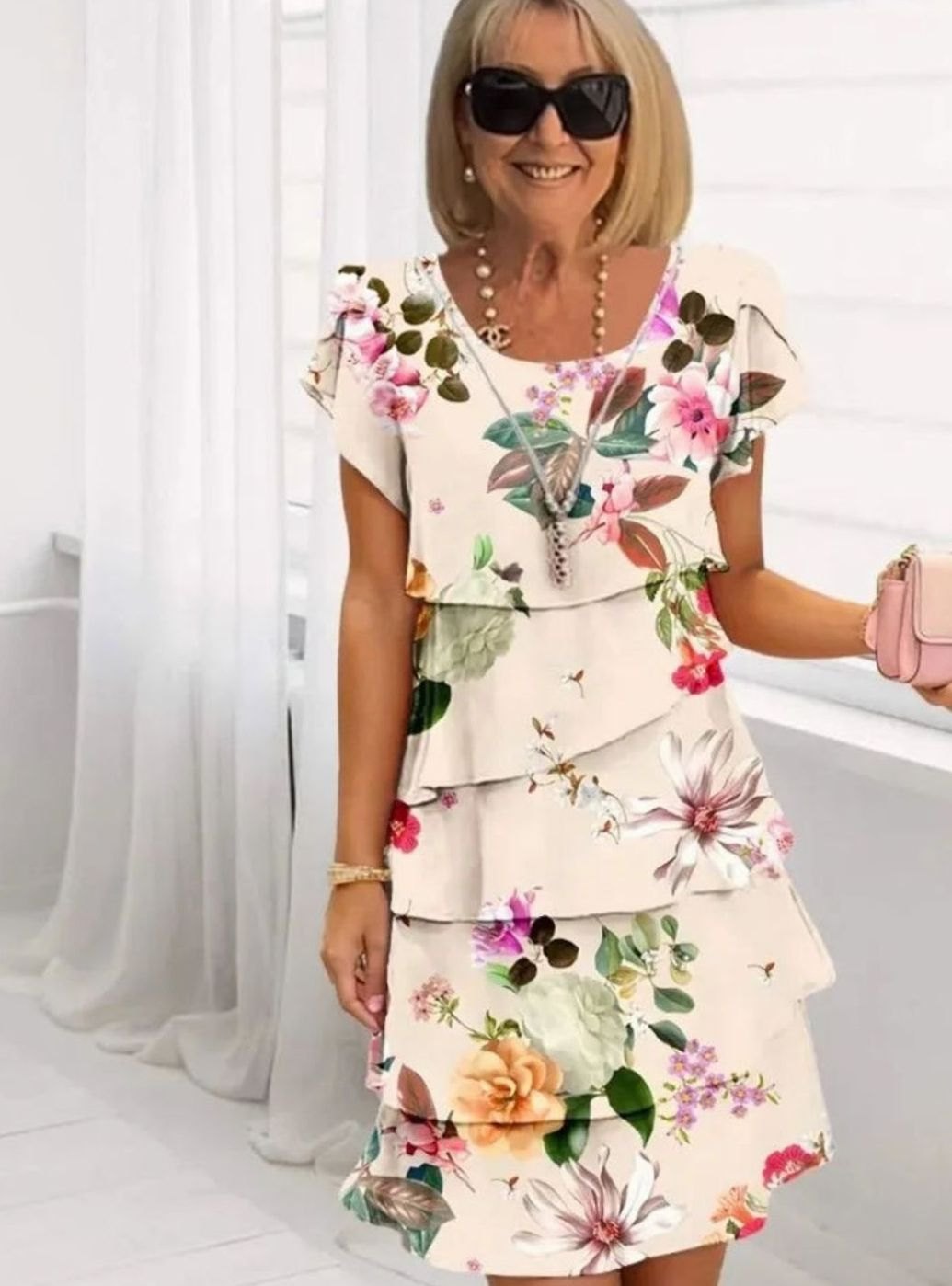 Women's Floral Tiered Ruffle Layered Midi Dress - Apricot