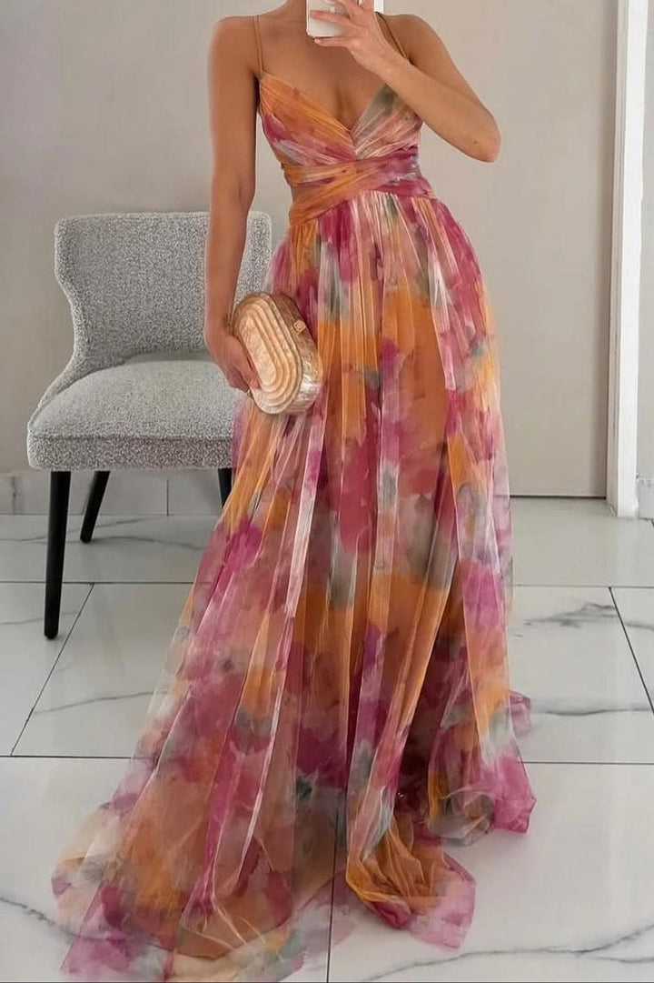 Women's Floral Tulle A-Line Cocktail Dress Sleeveless Maxi Gown - Orange