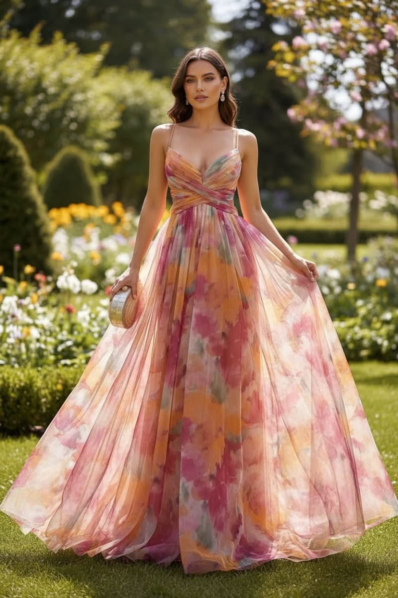 Women's Floral Tulle A-Line Cocktail Dress Sleeveless Maxi Gown