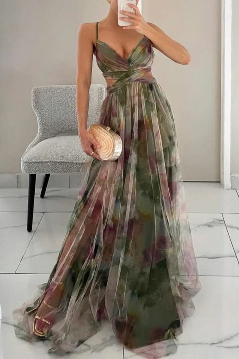 Women's Floral Tulle A-Line Cocktail Dress Sleeveless Maxi Gown - Green